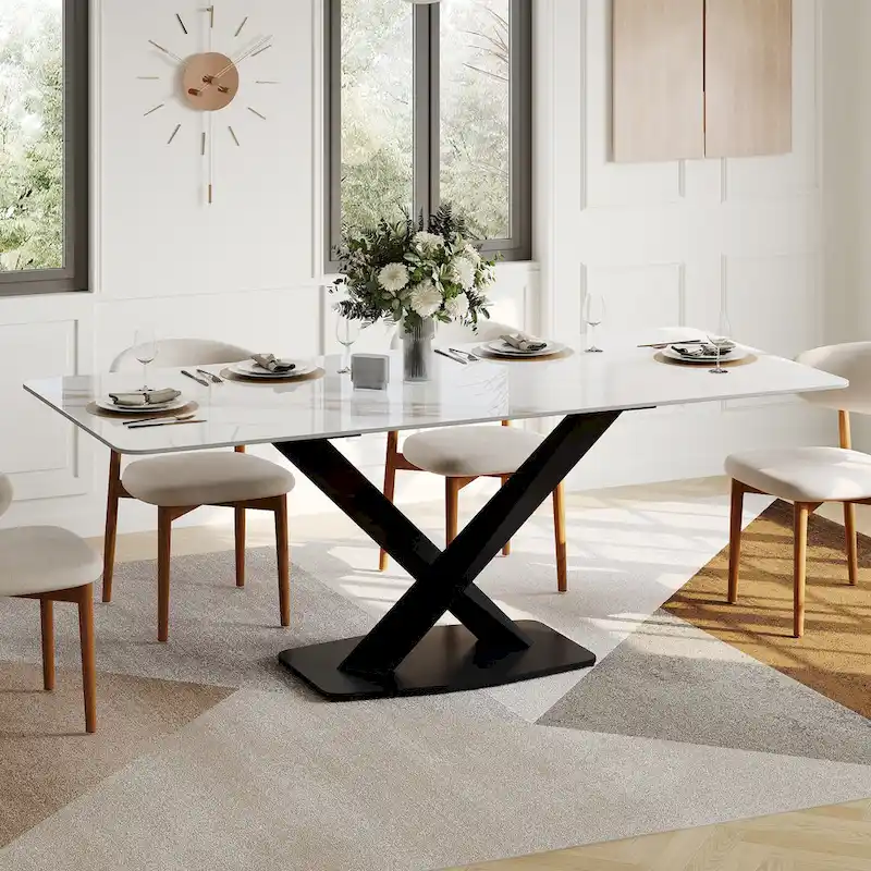 Modern Rectangular Dining table with Glossy Sintered Stone Table top, White Kitchen Table