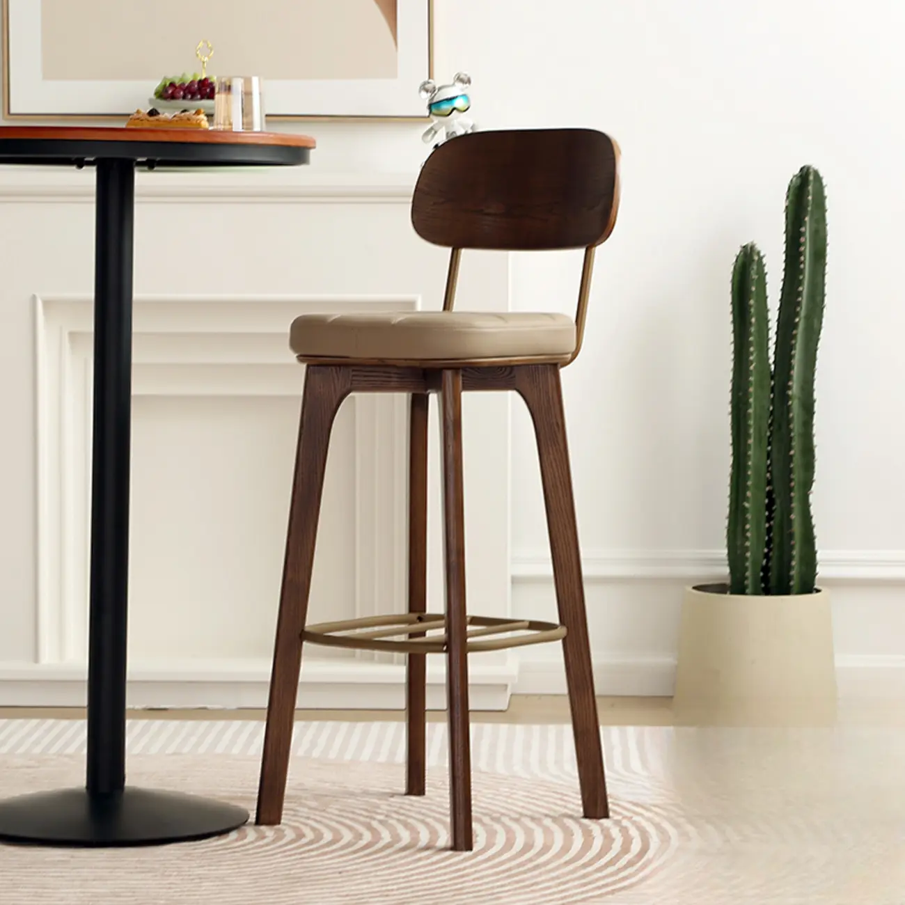 Wooden Square Leather Upholstered Bar Stool with Backrest