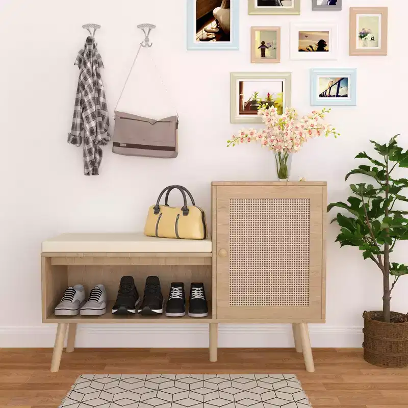 GDFStudio Tracey 2-in-1 Shoe Storage Bench with Faux Rattan Doors and Cushioned Seat