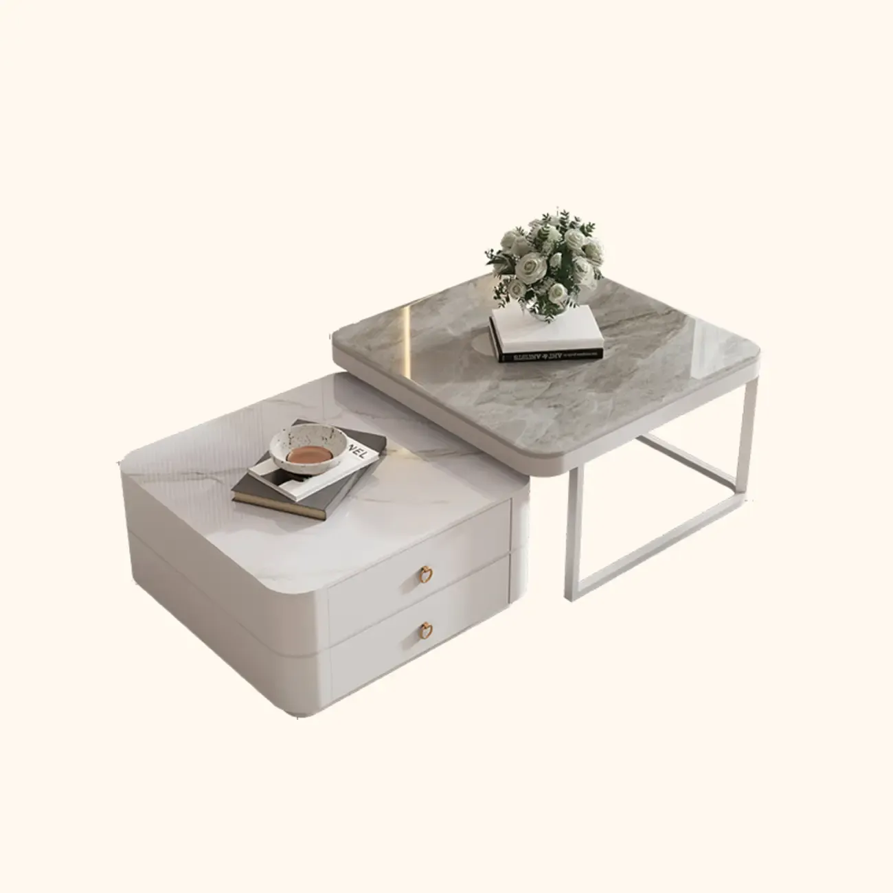 Modern Rectangular Marble Coffee Table Set with Drawers