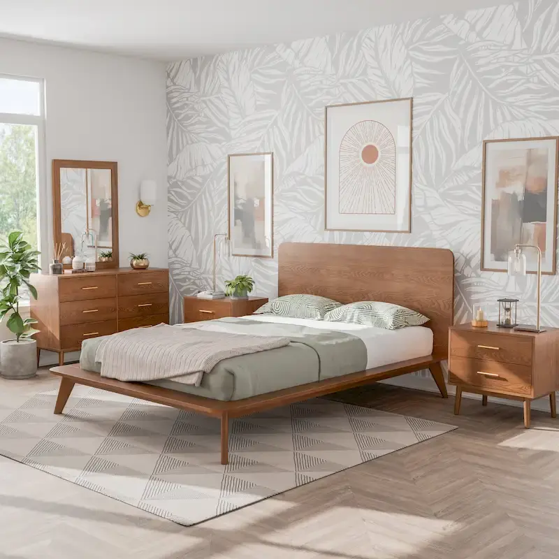 Furniture of America Beau Midcentury 5-Piece Walnut Low Profile Queen Bedroom Set