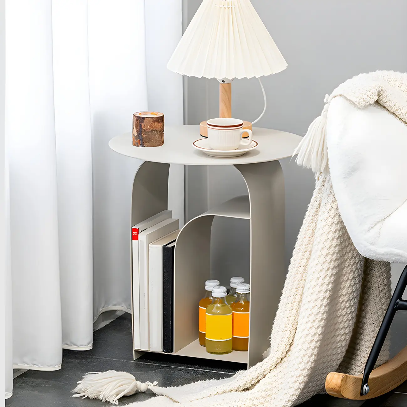 Industrial Narrow White Metal Bedside Table with Round Top