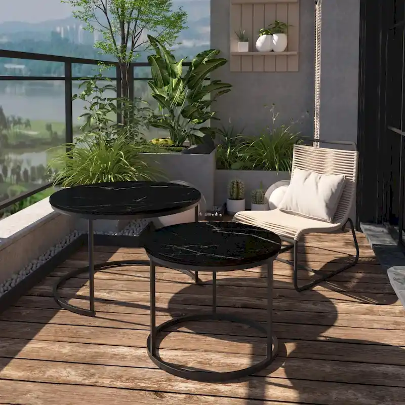 Nesting Coffee Table Set of 2, 27.6inch Round Coffee Table Wood Finish with Sturdy Metal Frame,End Table Side Tables