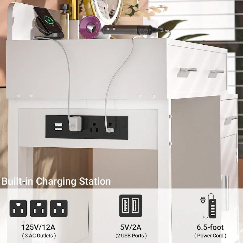 Reversible Makeup Vanity Desk With Charging Station and 4 Wooden Drawers and 1 Cabinet - N/A