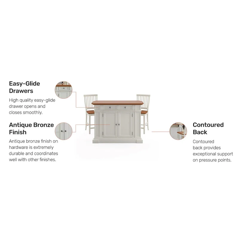 Homestyles Americana Distressed Off-White Oak Kitchen Island Set with Two Counter Stools
