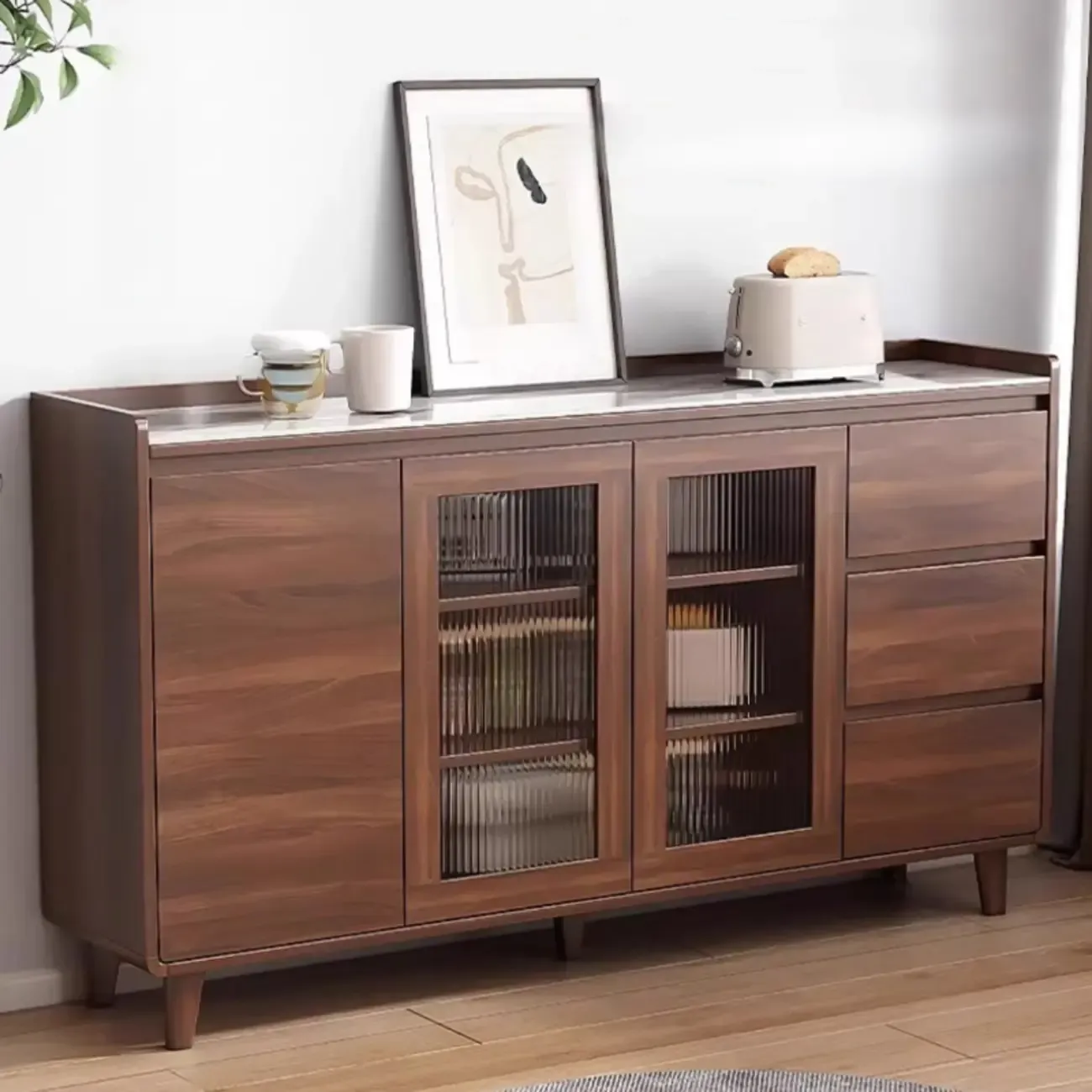 Modern Wood Buffet Stone Top Sideboard Storage