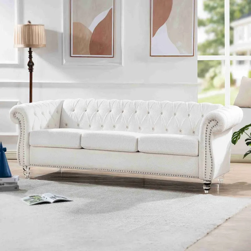 White Rolled Arm Chesterfield 3-Seater Sofa