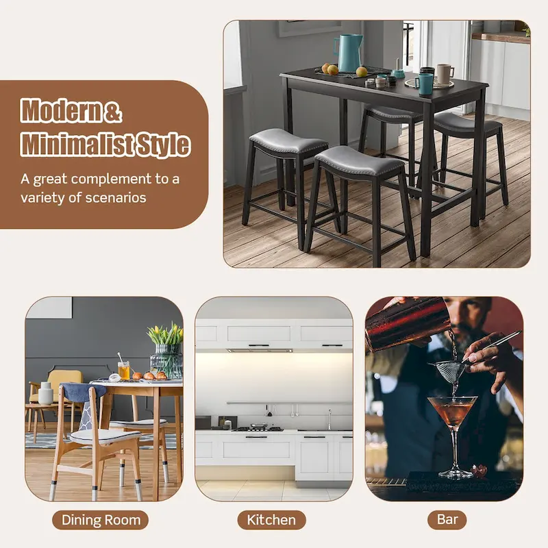 Costway 5PCS Bar Table Set Counter Height Table & Upholstered Saddle