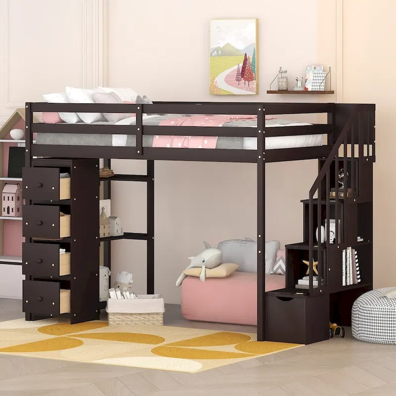 Twin Size Wooden Loft Bed with Storage Drawers and Stairs with Shelves