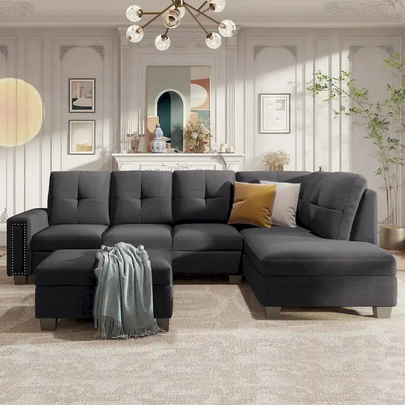 Grey 105.2 Reversible L-Shaped 6-Seater Sectional Sofa with Storage Ottoman and Cup Holders, Space-Saving Linen Design