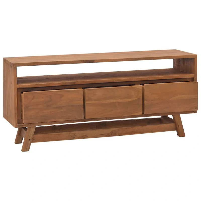 3-Drawer Solid Teak TV Cabinet – Natural Wood, Scandinavian Style