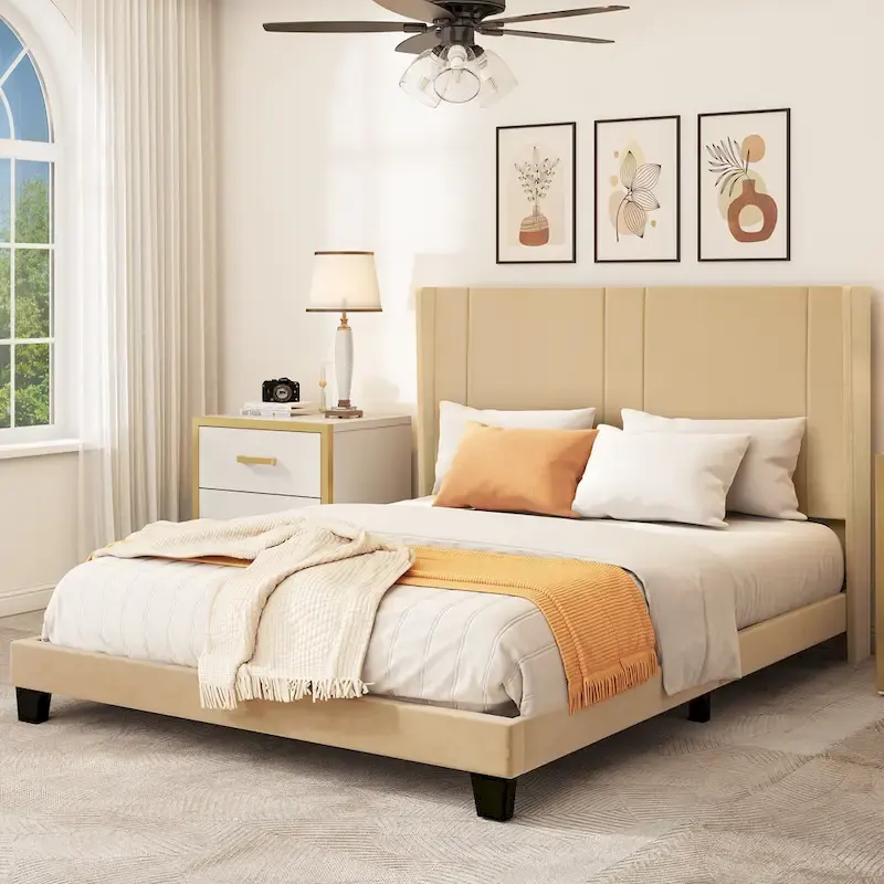 Queen Upholstered Bed Frame with Beige Velvet Headboard and Wingback