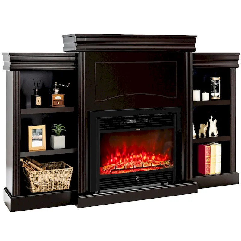 70-Inch Brown Media Entertainment Center with Bookcase and Fireplace Cabinet - 70 x 11x 45(L x W x H)