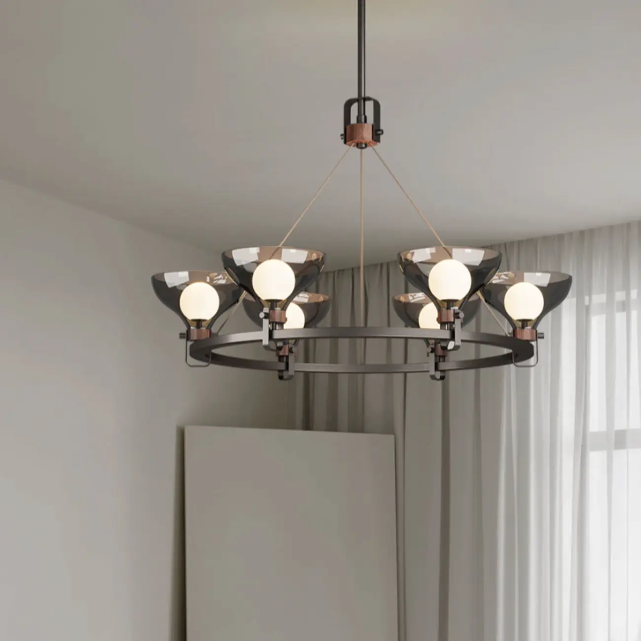 Black Industrial Metal Chandelier with Gray Glass Shade