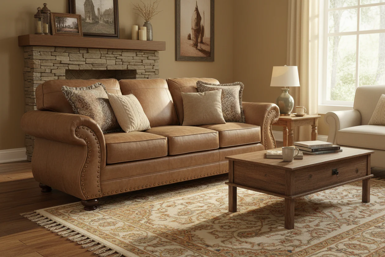 Leinster Fabric Sofa with Antique Bronze Nailheads in Jetson Ginger