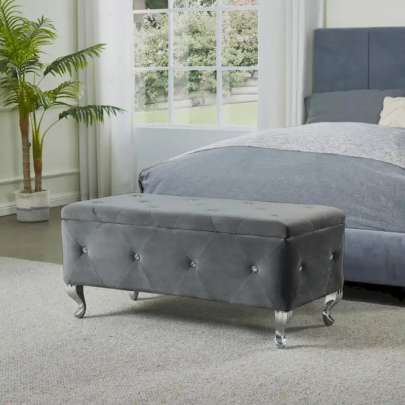 Grey Velvet Crystal-Button Tufted Storage Ottoman Bench