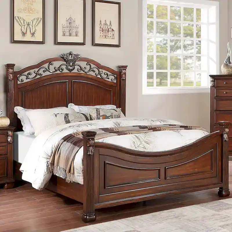 Wooden Bed with Crafted Headboard in Dark Cherry