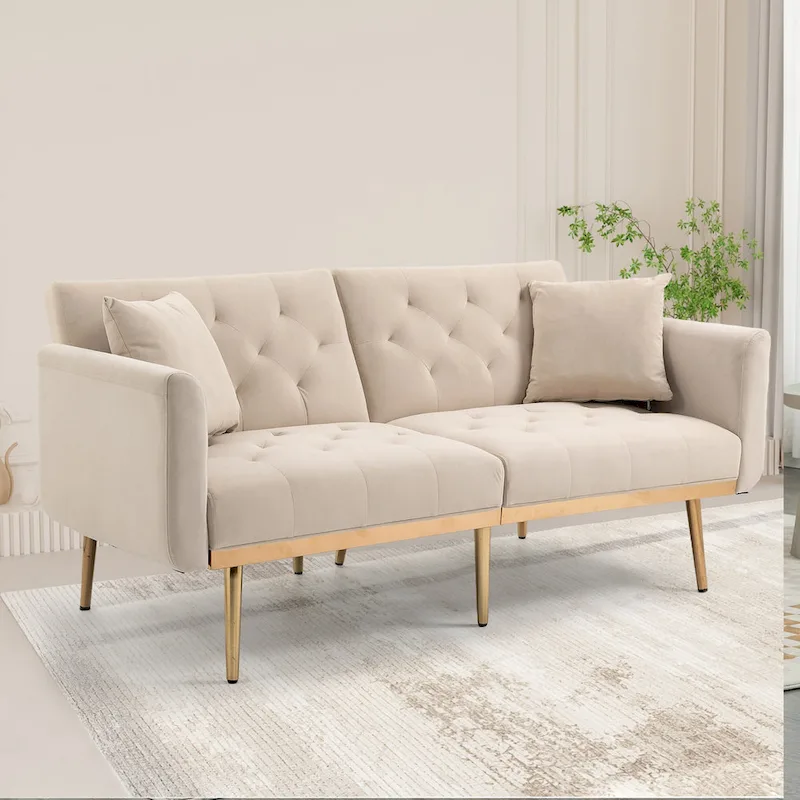Velvet Upholstered Minimalist Tufted Metal Foot Double Seat Sofa Bed for Living Room