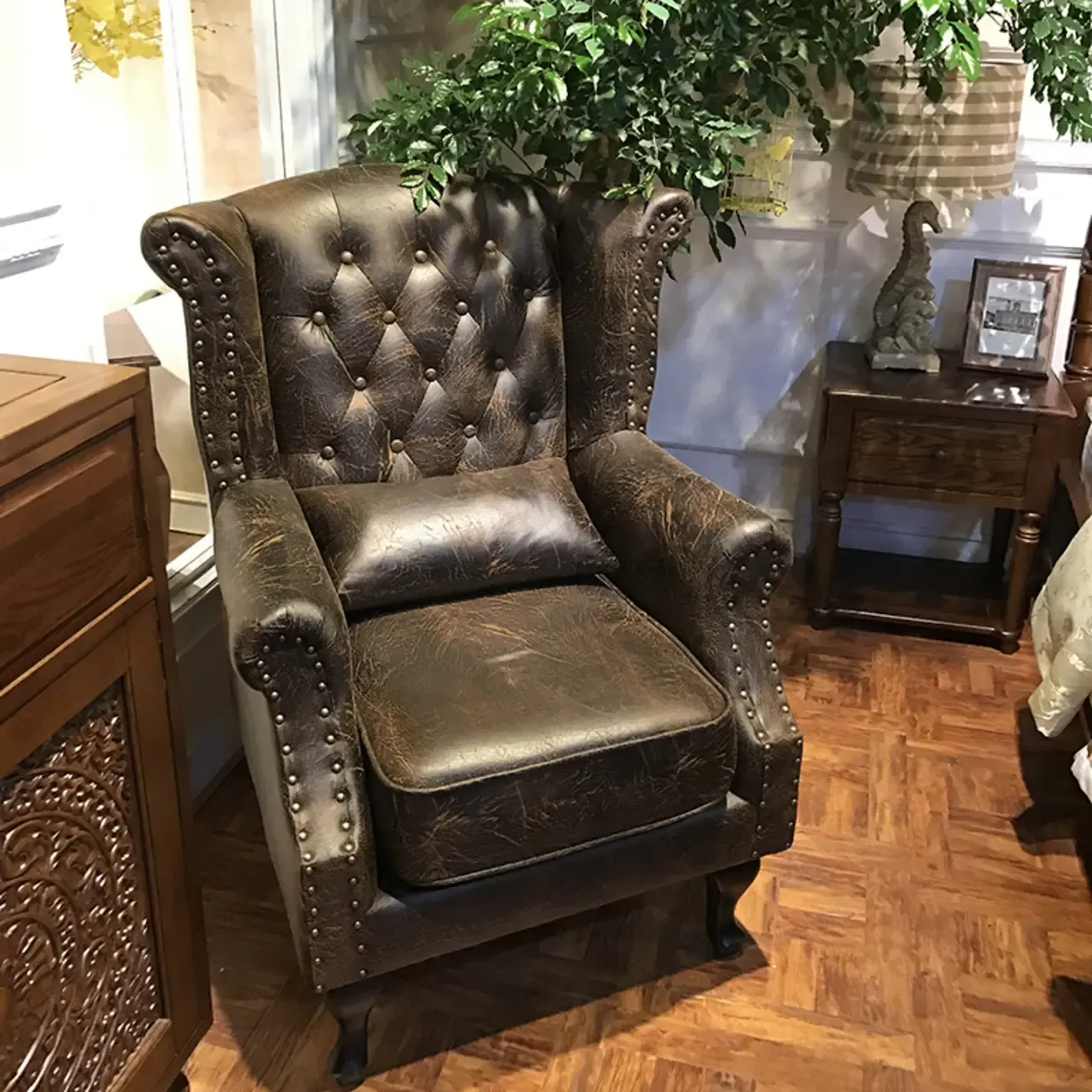 Traditional Leather Wingback Accent Chair with Nailhead Trim