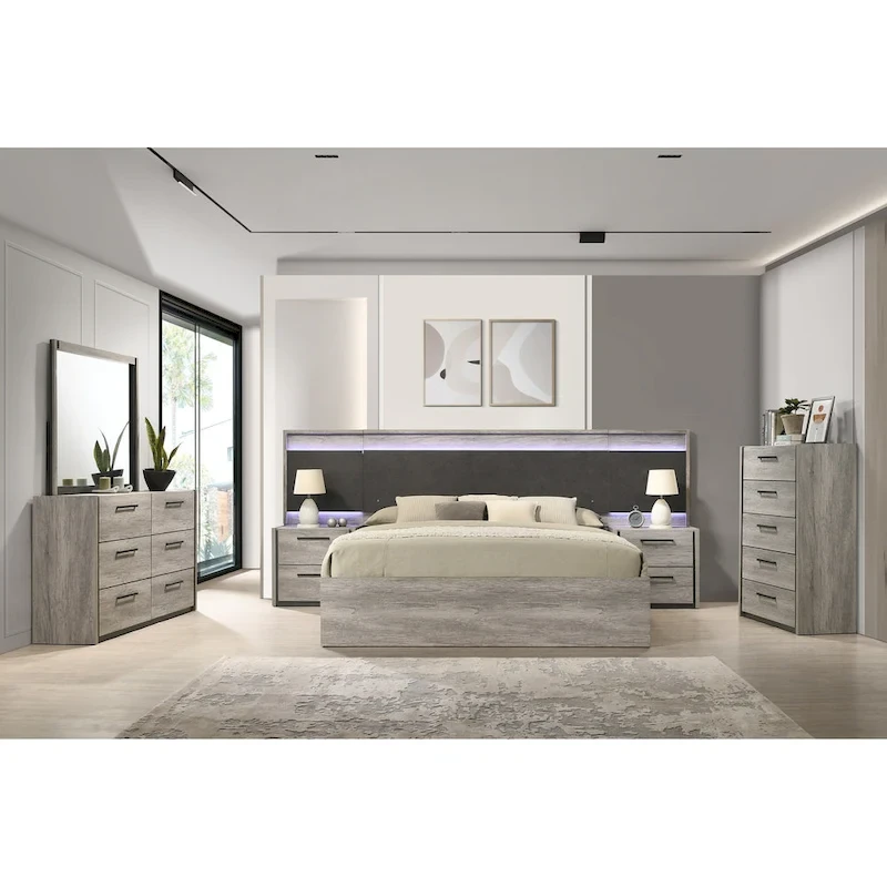 Roundhill Furniture Lenca LED Wallbed with Nightstands, Dresser, Mirror, and Chest - Weathered Gray