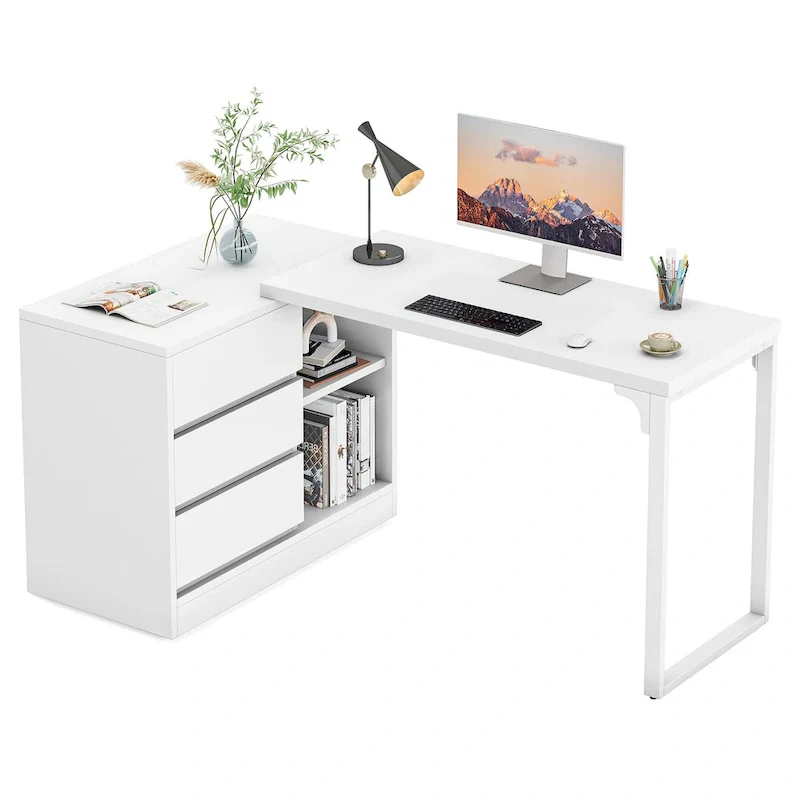 Versatile L-shaped White Computer Desk with Drawers and Shelves