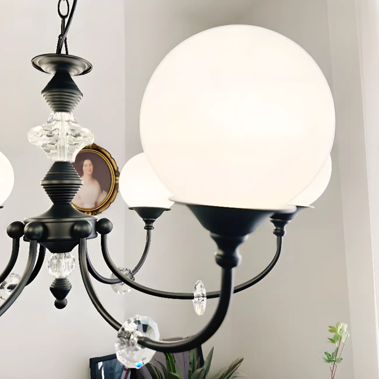 Modern Black 6-Light Glass Globe Chandelier with Crystal Accents