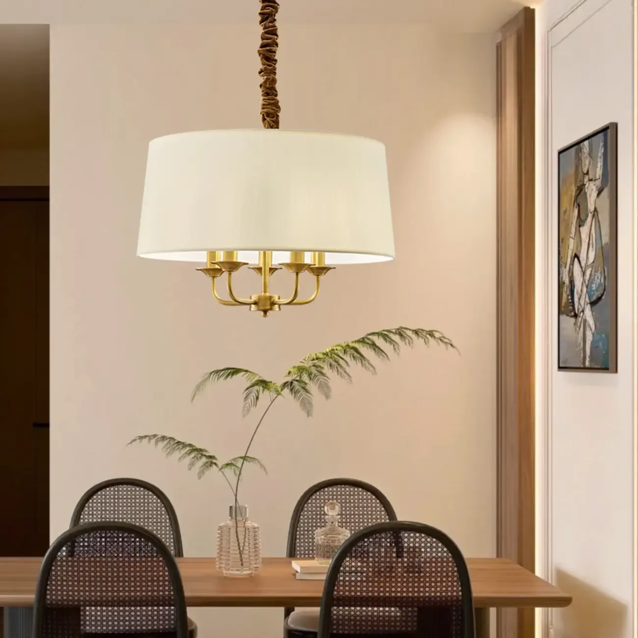Minimalist Gold Drum Fabric Chandelier with Adjustable Height