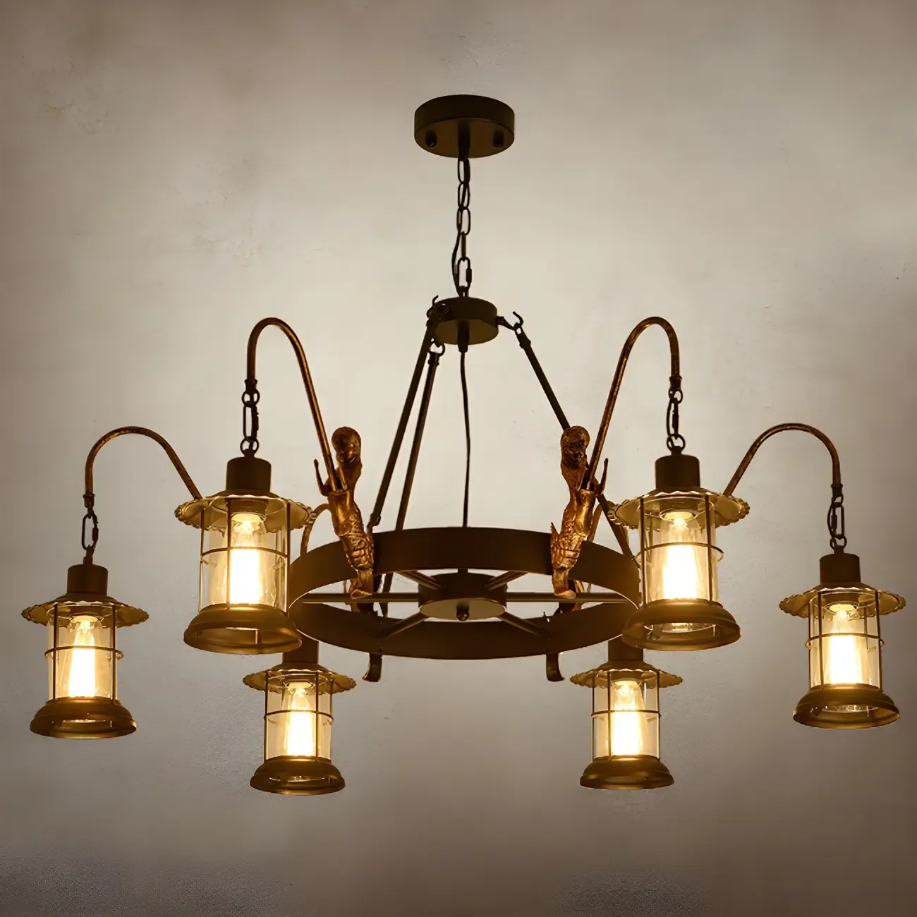 Industrial Black Metal Lantern Wheel Chandelier