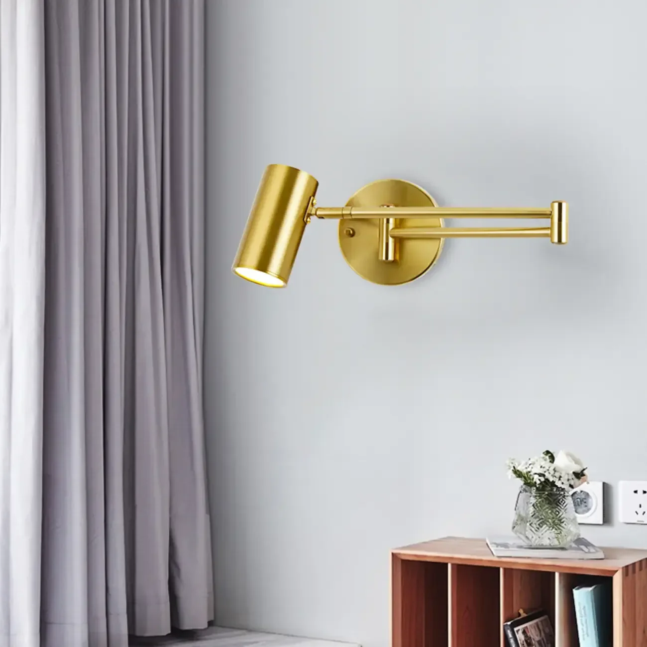 Modern Cylindrical Gold Swing Arm Wall Light for Indoor Use