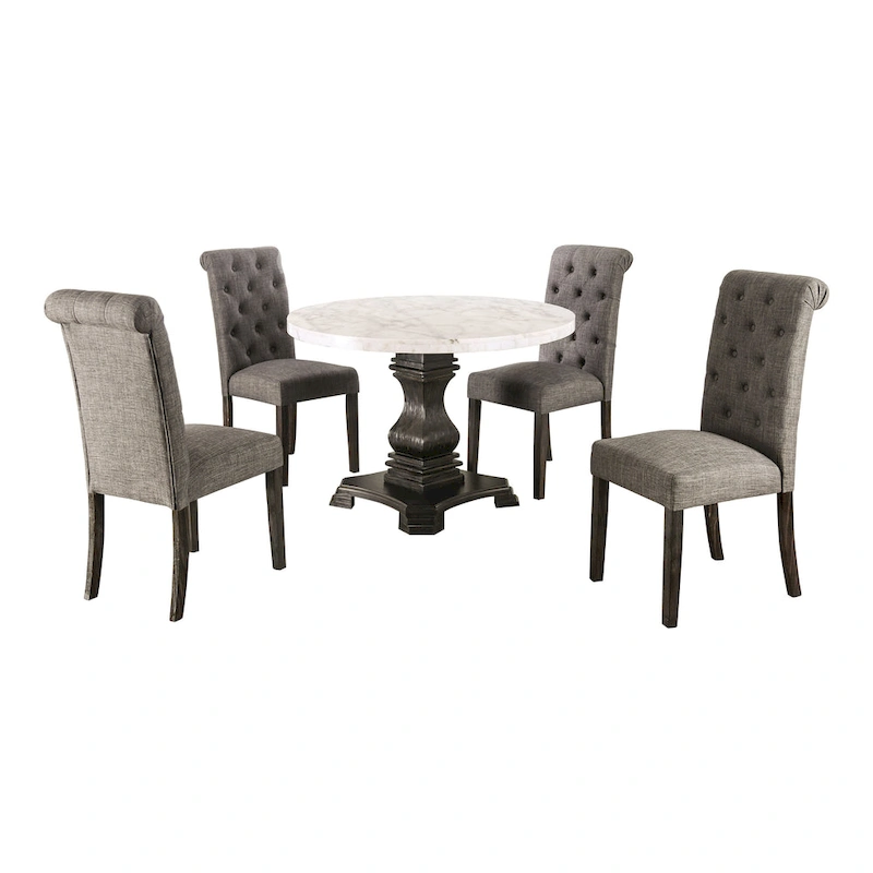 Brec Farmhouse Marble Top 5-Piece Round Dining Table Set with Tufted Chairs by Furniture of America