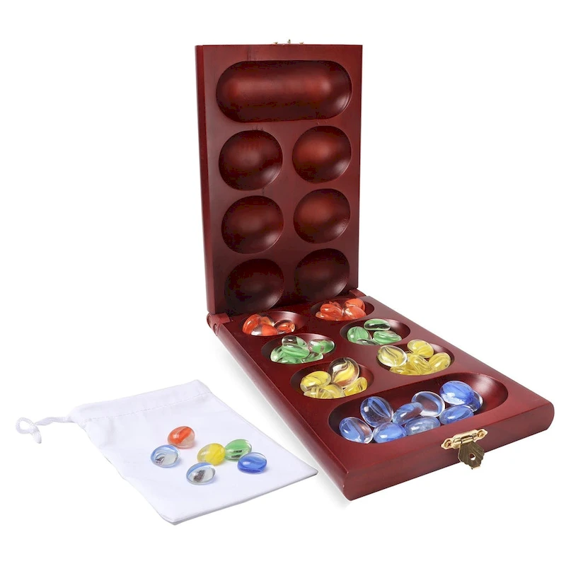 GSE Mahogany Folding Wooden Mancala Board Game with Multi-Color Glass Stones and Storage Bag