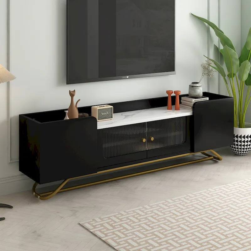 TV Stand with Fluted Glass,Entertainment Center for TVs Up to 70,Faux Marble Top TV Console Table with Gold Frame Base