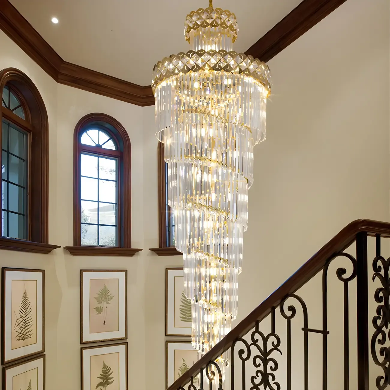 Luxurious Gold Spiral Crystal Round Tier Stairwell Chandelier