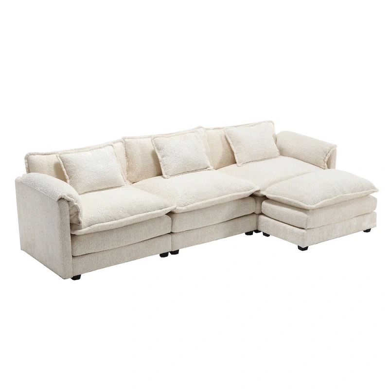 Beige 112.2 L-Shape 4-Seater Sectional Sofa in Modern Boucle Fabric with Removable Cushions and Detachable Armrests