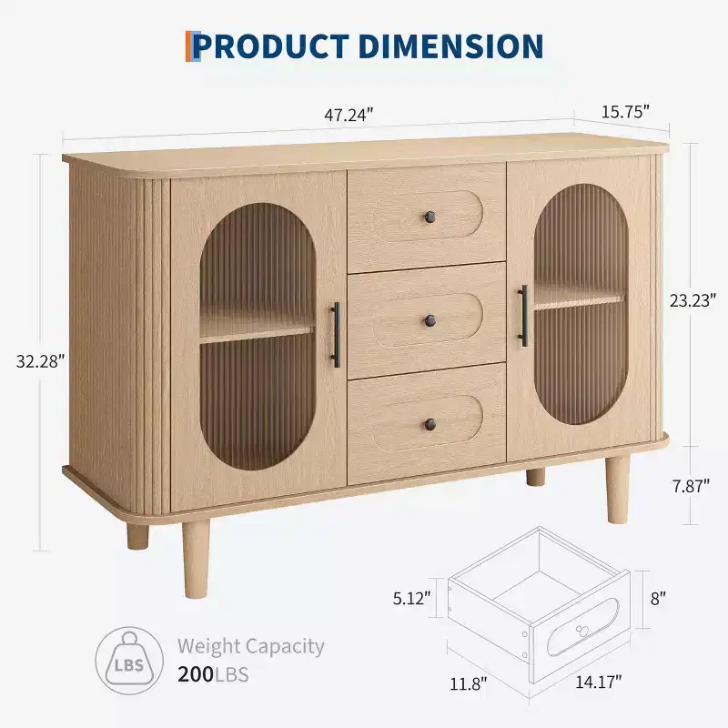 GarveeHome 47 Sideboard Buffet Cabinet with 2 Fluted Glass Doors & 3 Drawers, Modern Farmhouse Accent Coffee Bar with Adjustable Shelves