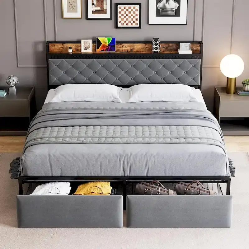 Bed Frame with Storage Headboard and 2 Drawers
