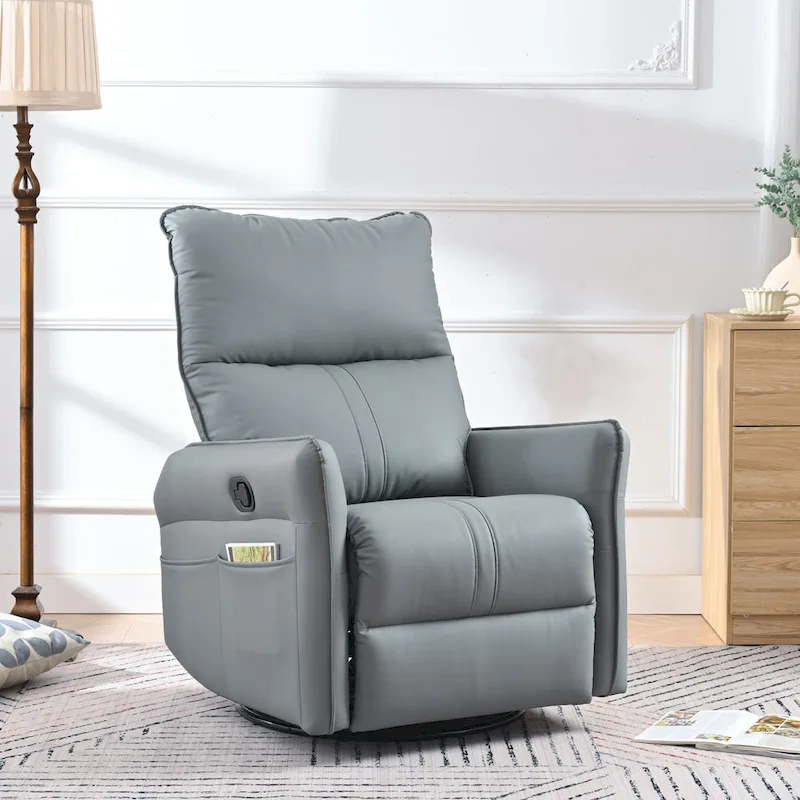 Blue-Gray PU Leather Swivel Glider Rocker Recliner with Pockets, Backrest
