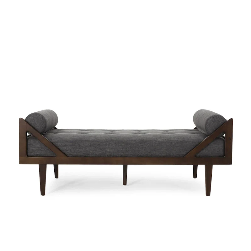 Charcoal Modern 65 Button Tufted Chaise Lounge Chair with Bent Wood Desing and Rolled Accent Pillows