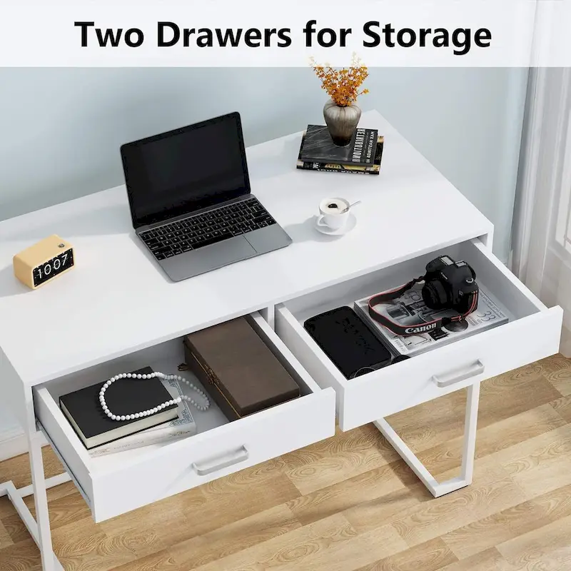 Small Desk with 2 Drawers, MDF Top & Gold Metal Frame, 39.37