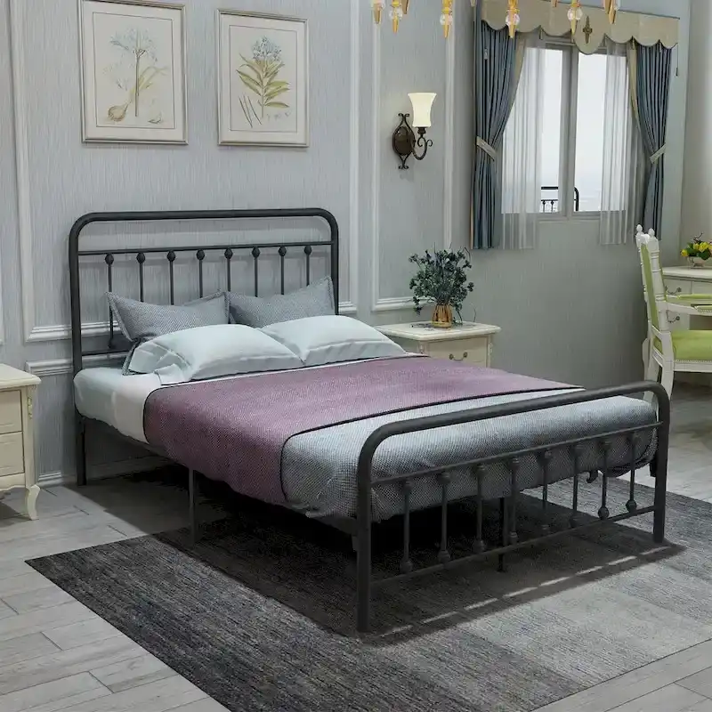 Black Metal Platform Bed Frame, Vintage Headboard, Footboard