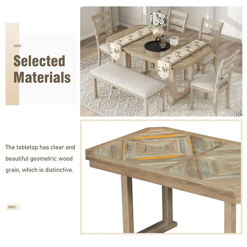6-Piece Rubber Wood Dining Table Set with Beautiful Wood Grain Pattern Tabletop