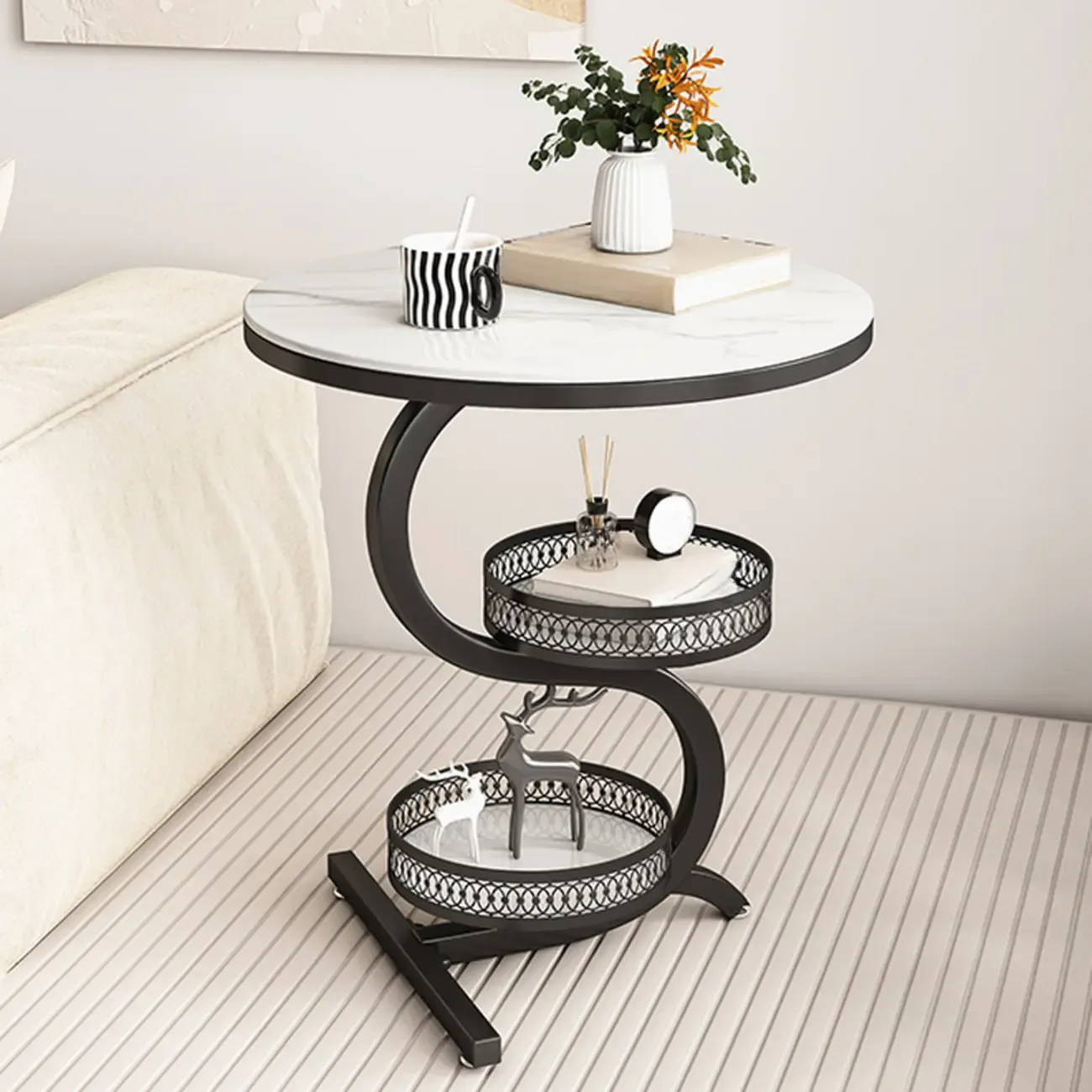 White Stone 3-Tier S-Shaped Sofa Side Table with Storage