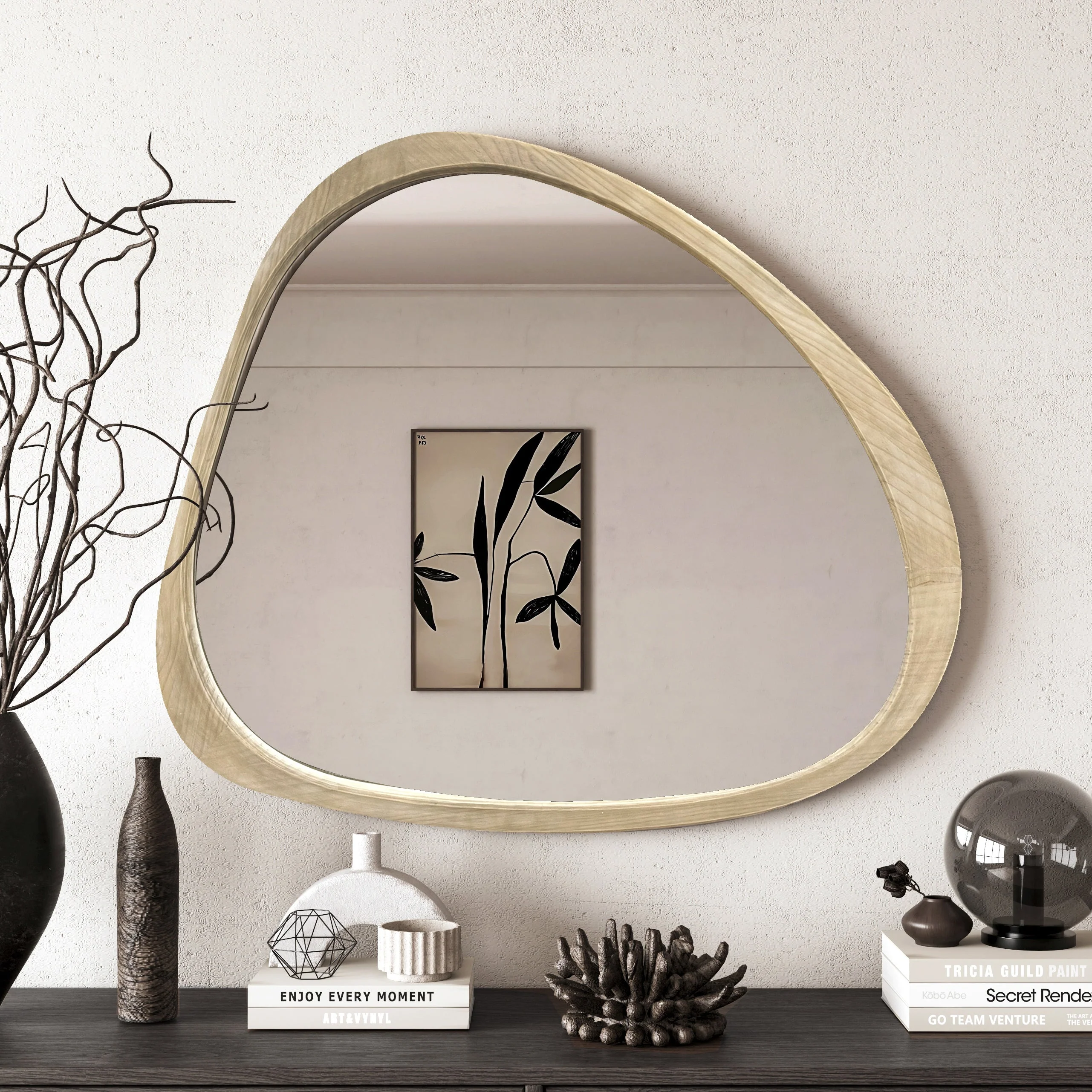 Walker Edison | Asymmetrical Natural 45 Wooden Wall Mirror
