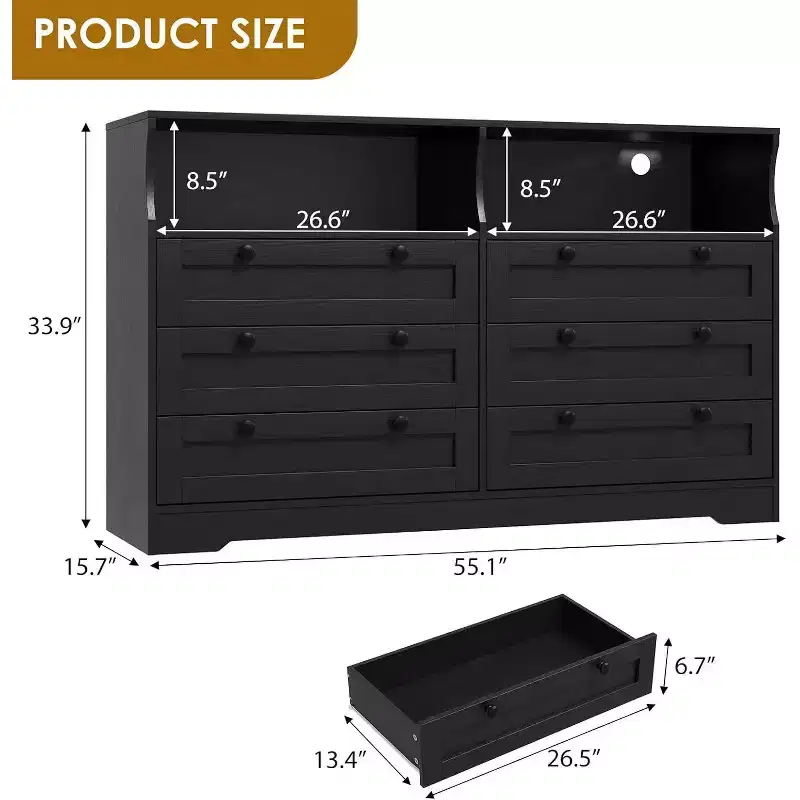 Modern Wide 6 Drawers Dressers with Power Outlet and Led Lights for Living Room, Hallway