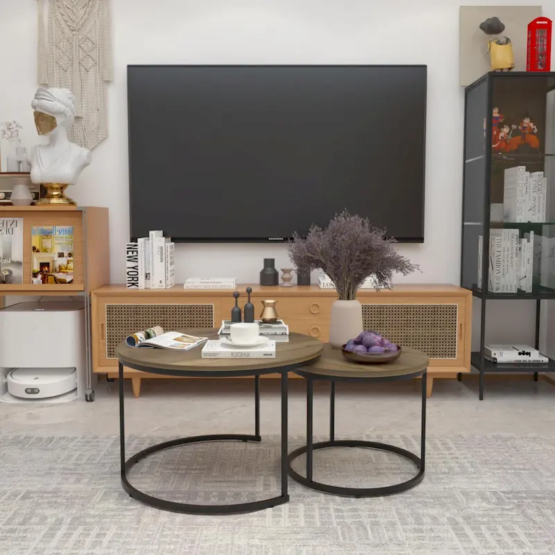 Nesting Coffee Table Set of 2, 27.6inch Round Coffee Table Wood Finish with Sturdy Metal Frame,End Table Side Tables