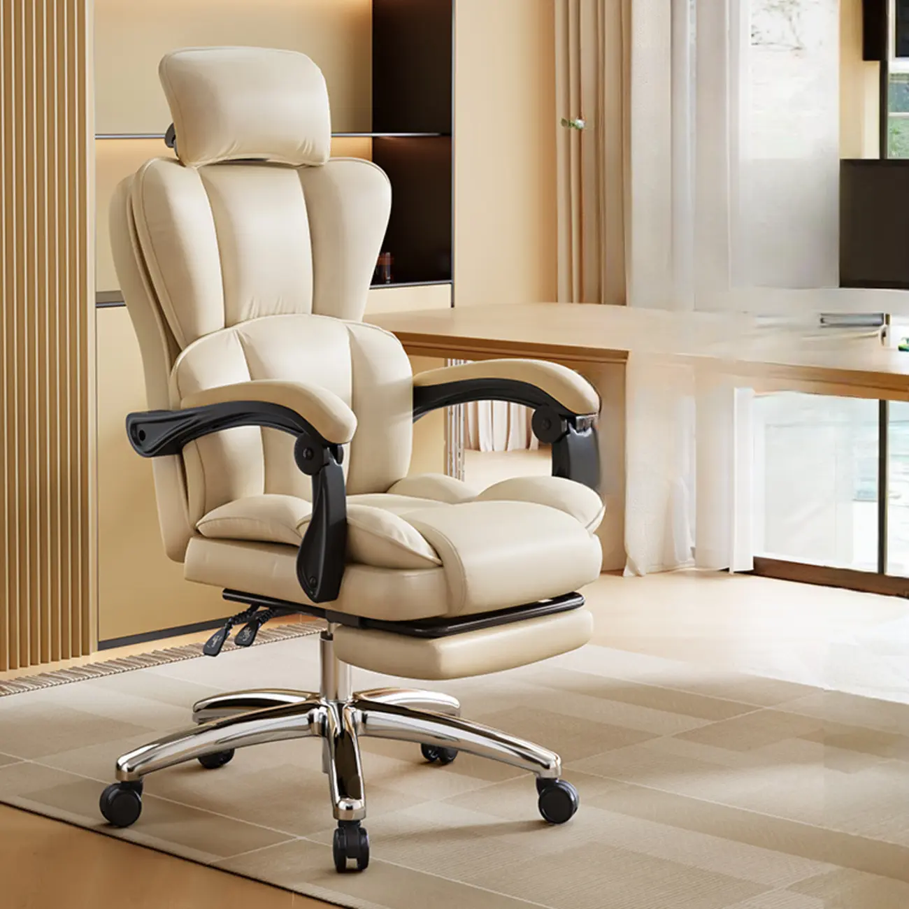 Modern Khaki Leather Adjustable Reclining Office Chair
