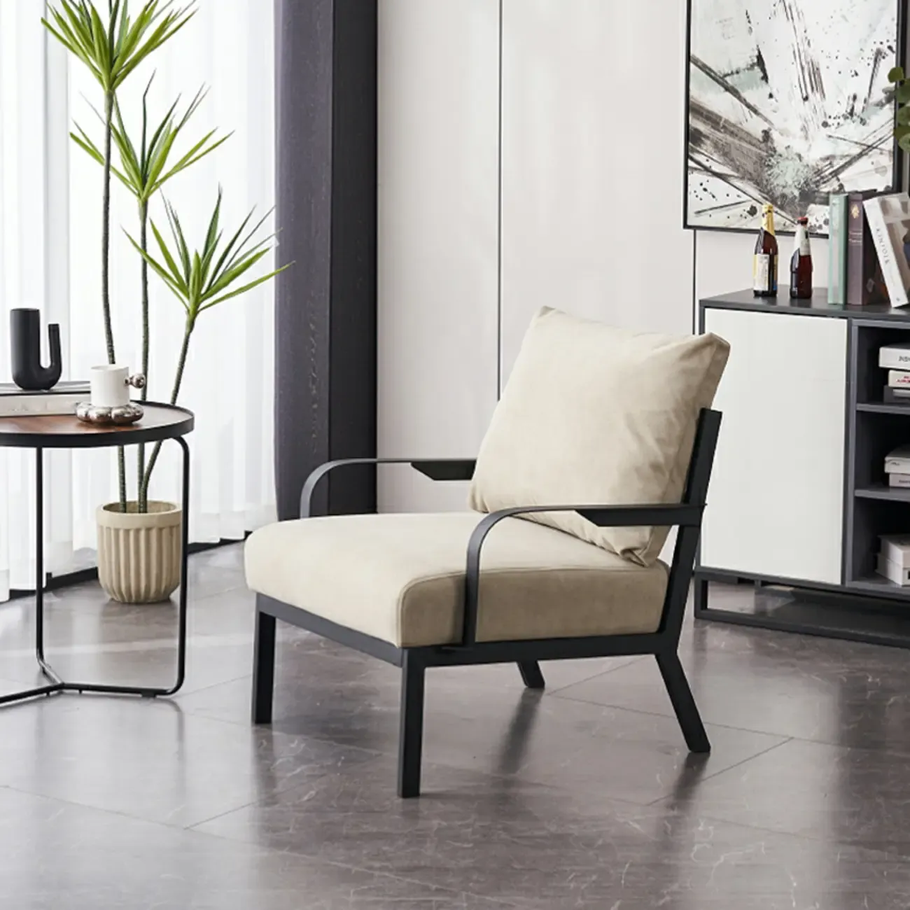 Modern Fabric Metal Arm Chair Beige Ergonomic Design