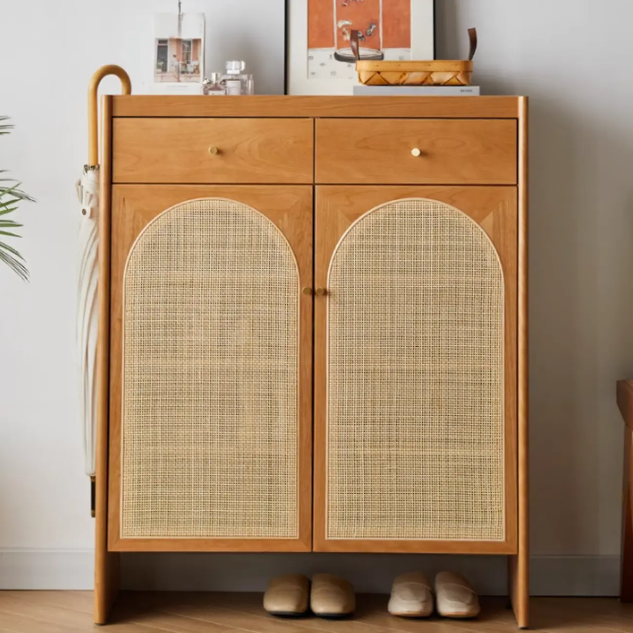 Bohemian Wood Arched Rattan Shoe Cabinet for Hallway