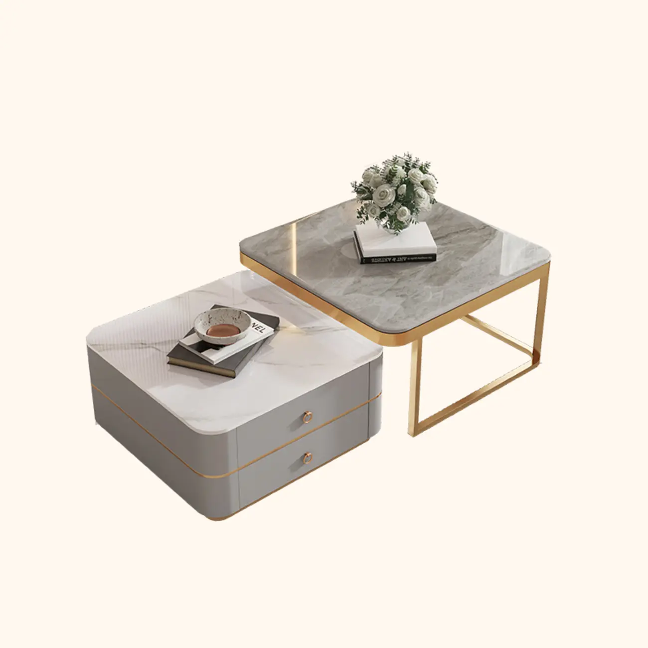 Modern Rectangular Marble Coffee Table Set with Drawers