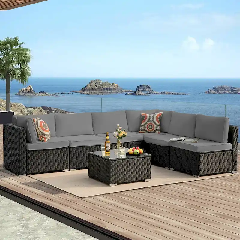 Black 7-Piece Wicker Outdoor Sectional Set Patio Sofa Set with Gray Cushions and Coffee Table